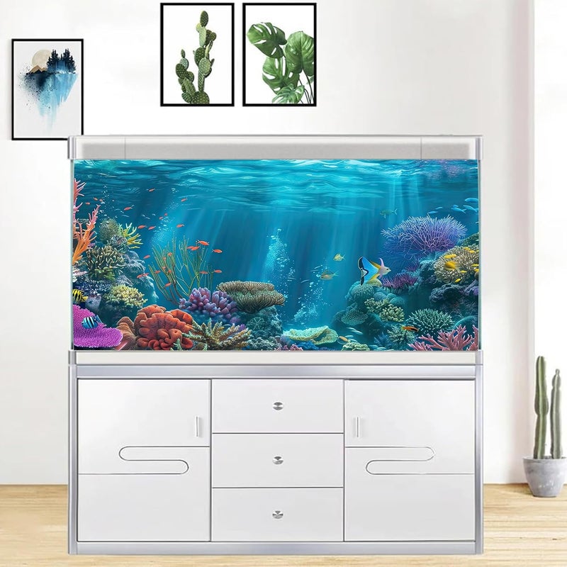 iTapnoom Ocean Floor Aquarium Background, Underwater Tropical Fish Coral Reef Aquatic Nature Plant Fish Tank Backdrop Decor, Polyester Fabric with 6 EVA Double-Sided Tapes 36x18 inches/90x45cm - Image 3